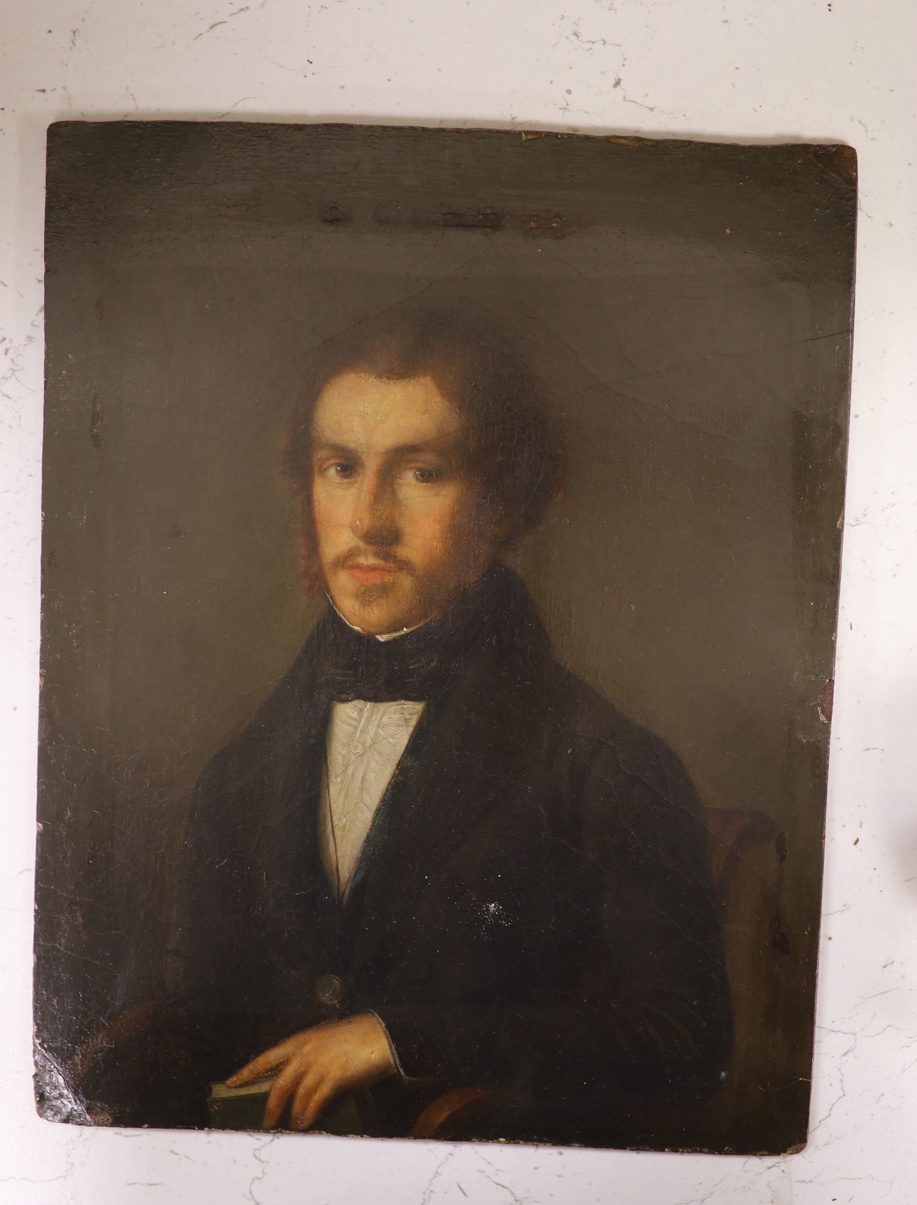 Victorian School, oil on mill board, Half length portrait of a gentleman, 27 x 21cm, unframed